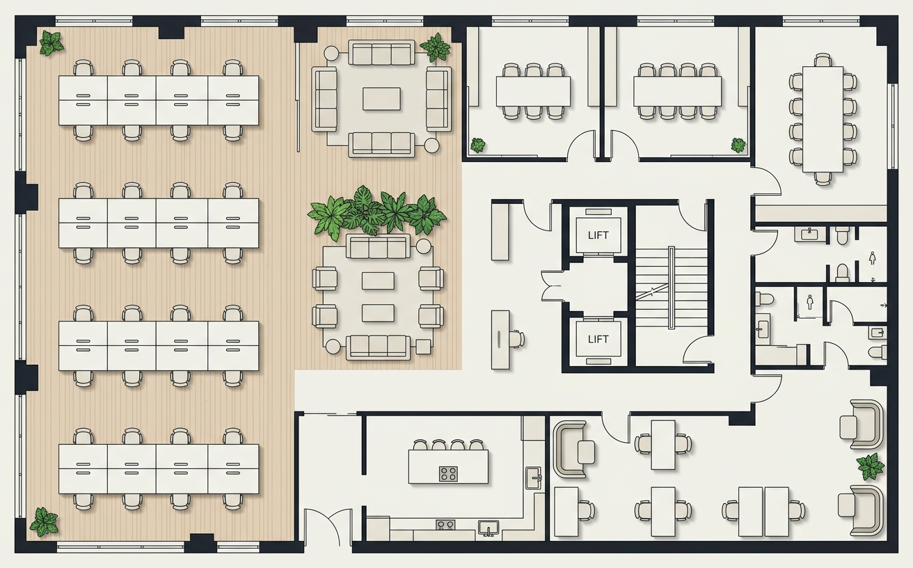 Floor plan of a coworking level with open desks, lounge, meeting rooms, kitchen, quiet zone, lifts and bathrooms